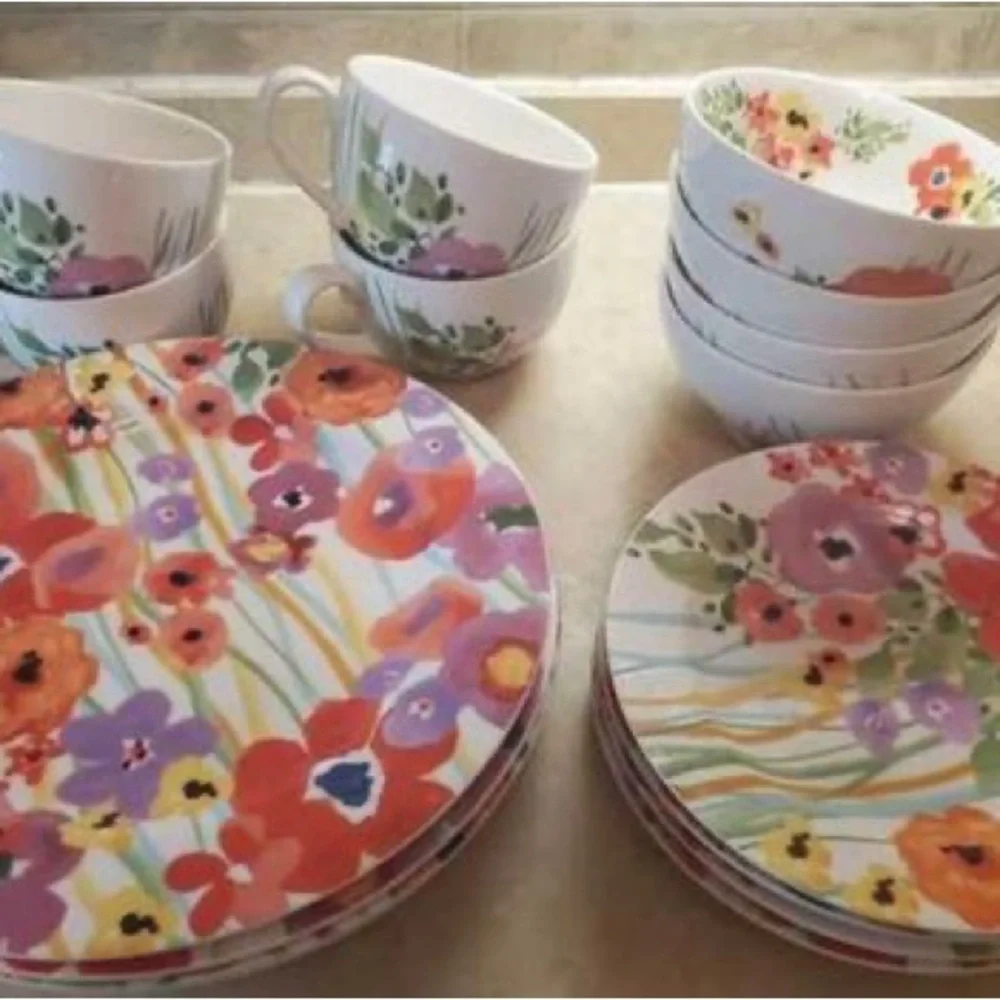 4 Pc Verdant Acres by ANTHROPOLOGIE Dinner & Salad Plate + Bowl + Mug Dish Set